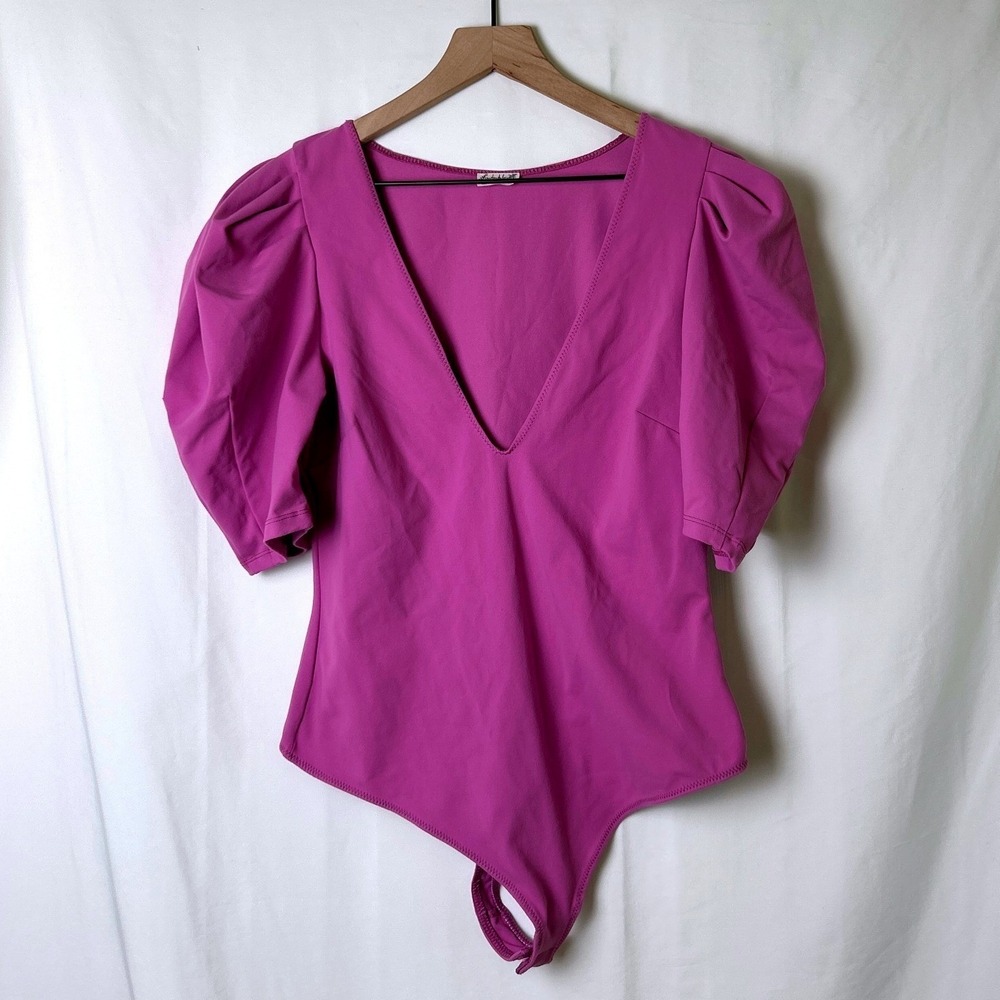 Free People Women Puff Sleeve Deep V Neck Thong Bodysuit Size L Magenta Purple